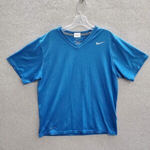 Nike Men Activewear Top Medium Blue T-Shirt Swoosh Logo Dri-Fit V Neck Crew Neck